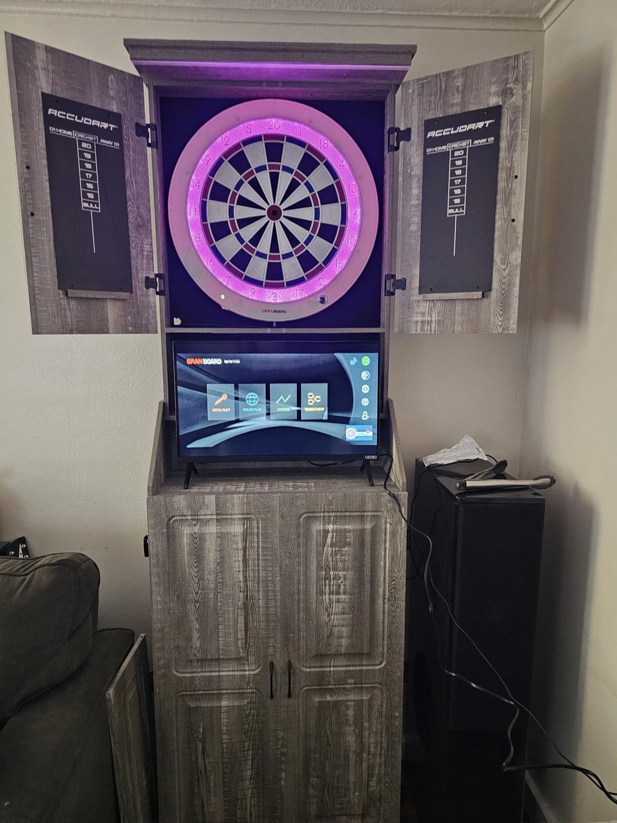 Accudart Dartboard Cabinet Set with LED Lighting - Premium Brazilian Sisal Board, Staple-Free Razor Wire, Weathered Grey Cabinet, Built-in Storage, Dual Chalkboards - Includes Steel-Tip Darts customer photo 2
