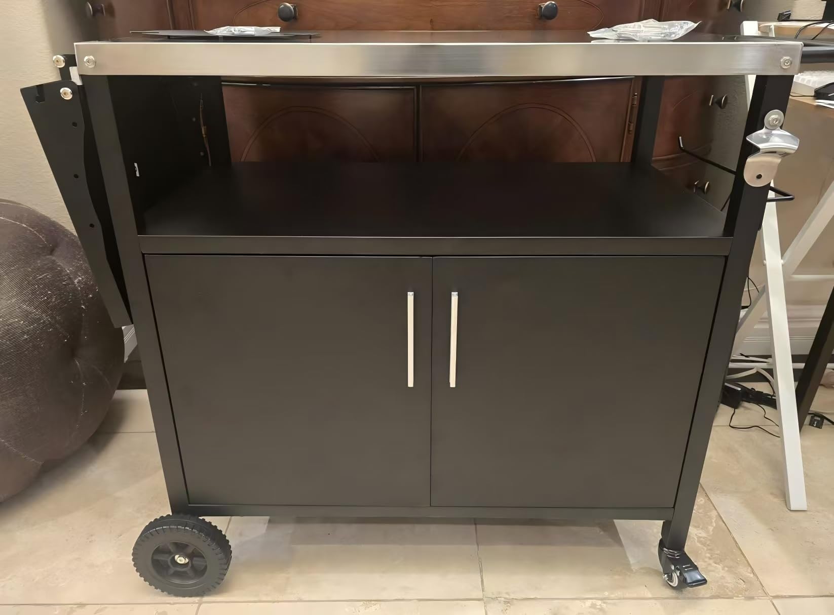 JY QAQA Outdoor Grill Cart with Storage, Patio Kitchen Island Outdoor Grill Table with Wheels, BBQ Cart Movable Pizza Oven Table Stand, Storage Cabinet, Foldable Tabletop, Black customer photo 1