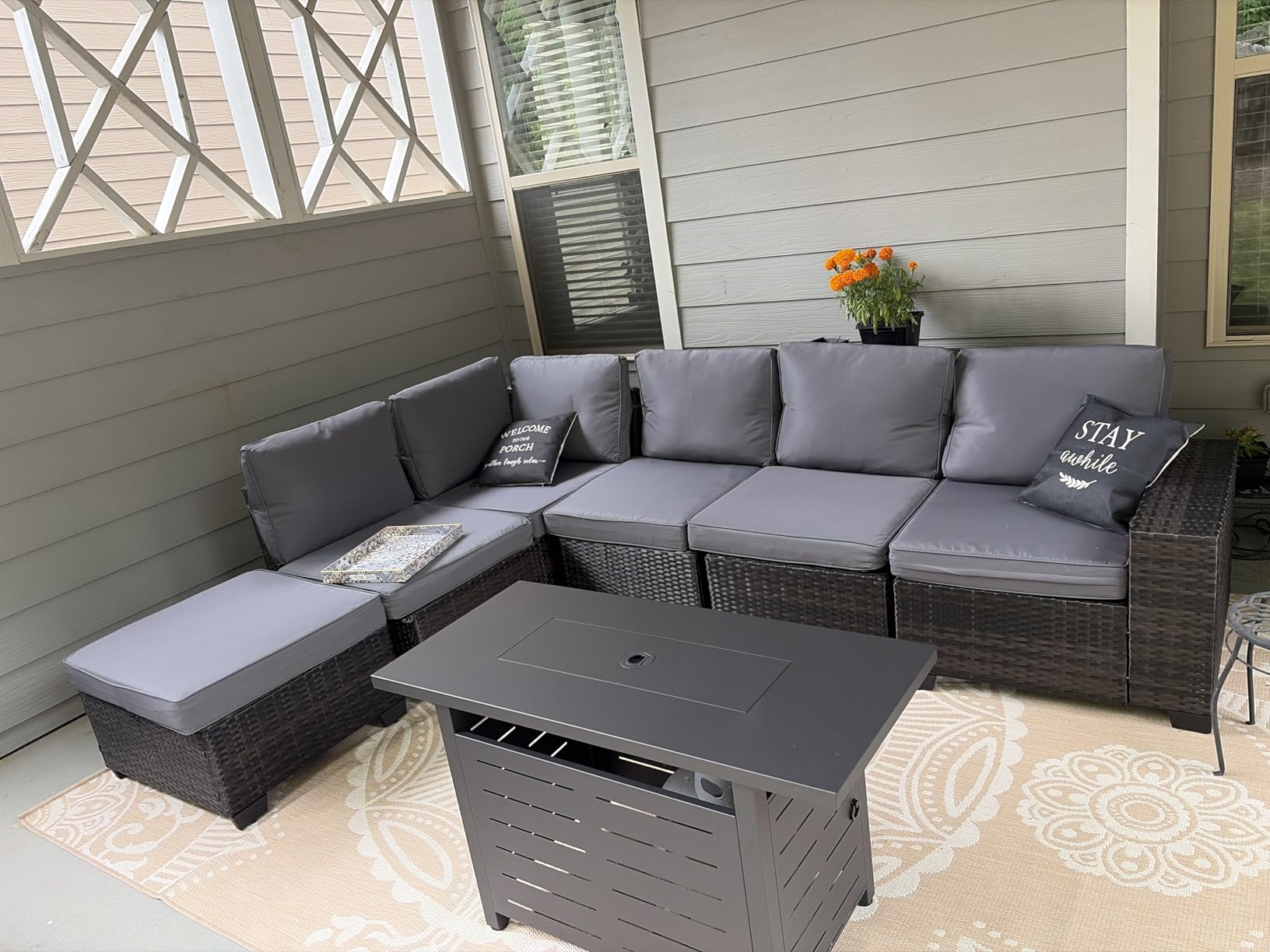 Patio Furniture Set, 6 Pieces Outdoor Couch Sofa with Wider Armrests & Glass Coffee Table, Outdoor Sectional Furniture with Thick Cushions for Party, Poolside, Garden - Beige customer photo 1