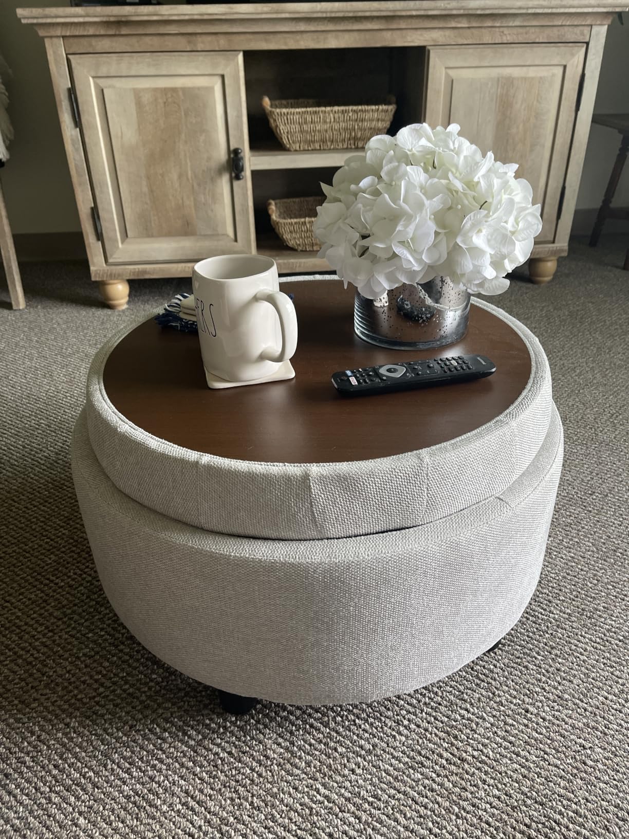 COLAMY Fabric Round Storage Ottoman with Reversible Tray Lid - Multi-Functional Footrest, Hidden Storage, Sturdy & Stylish Small Coffee Table for Living Room, Bedroom, or Entryway (Beige) customer photo 1
