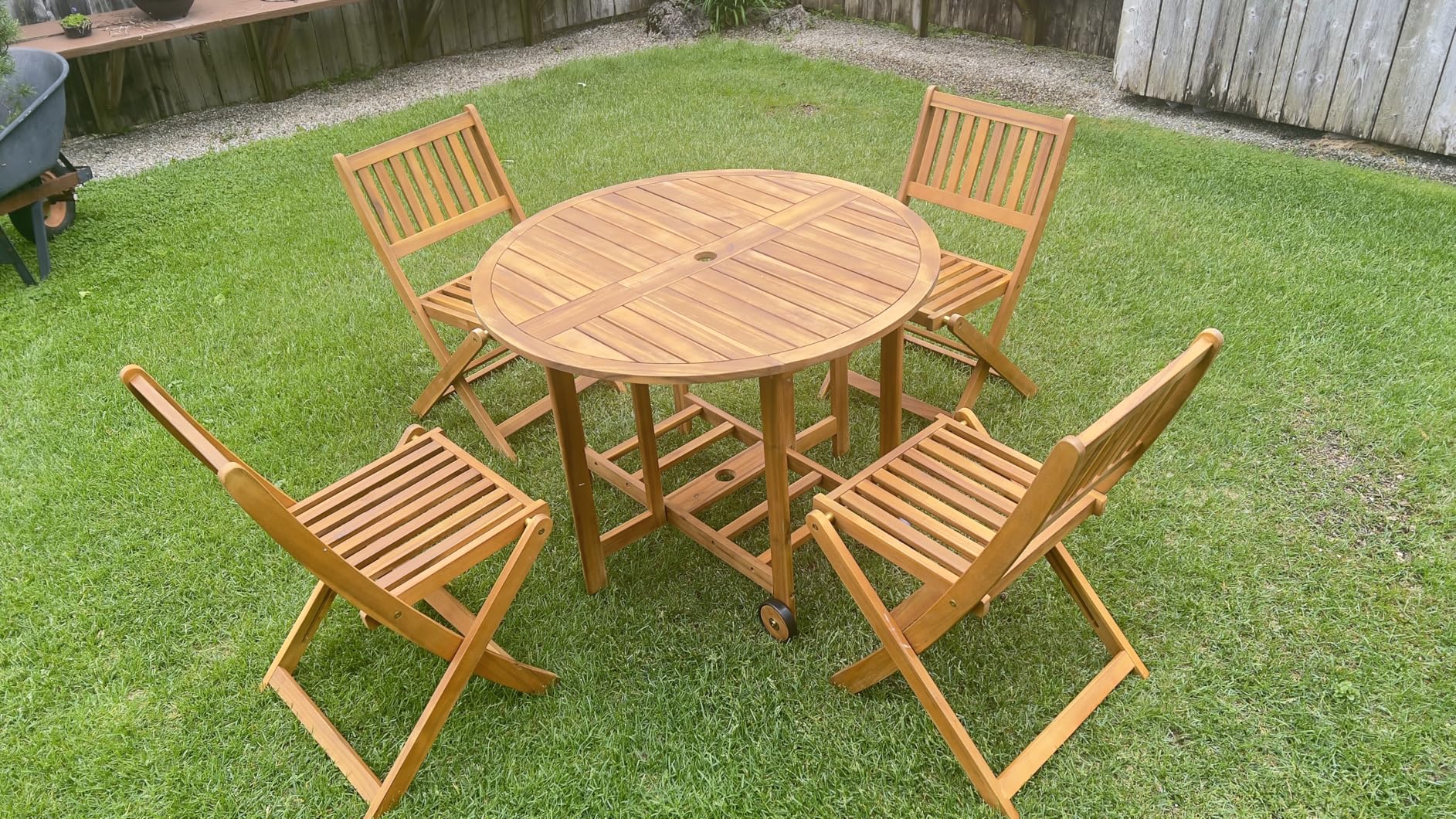 Devoko 5 PCS Patio Furniture, Patio Dining Set Acacia Wood Outdoor Table and Chairs, with 4 Folding Chairs and 37 inch Round Movable Table, Outdoor Dining Set for Lawn, Balcony, Garden (Light Brown) customer photo 1