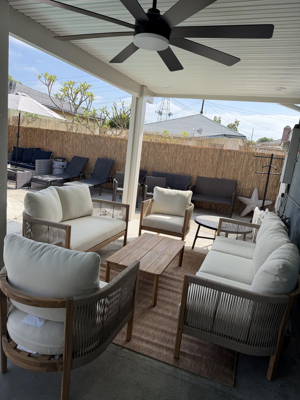 Christopher Knight Home Havets 5 Pieces Outdoor Acacia Furniture Set, Woven Rope Loveseat and Accent Club Chairs, 6