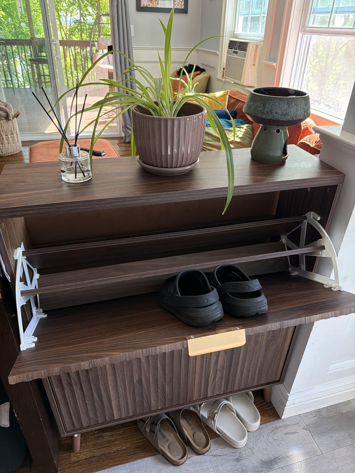 Shoe Cabinet Storage, Modern Freestanding Organizer with 2 Flip Drawers, Narrow Shoe Rack for Entryway, Walnut customer photo 1