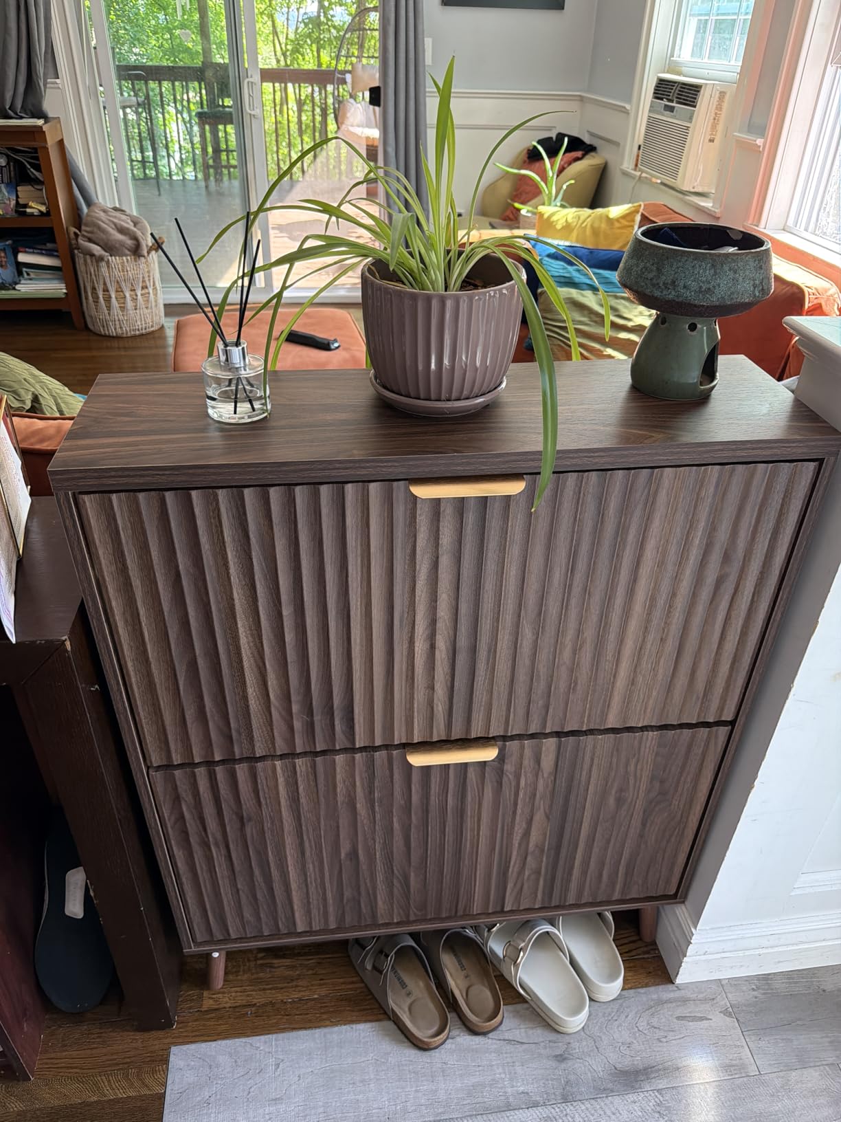 Shoe Cabinet Storage, Modern Freestanding Organizer with 2 Flip Drawers, Narrow Shoe Rack for Entryway, Walnut customer photo 2