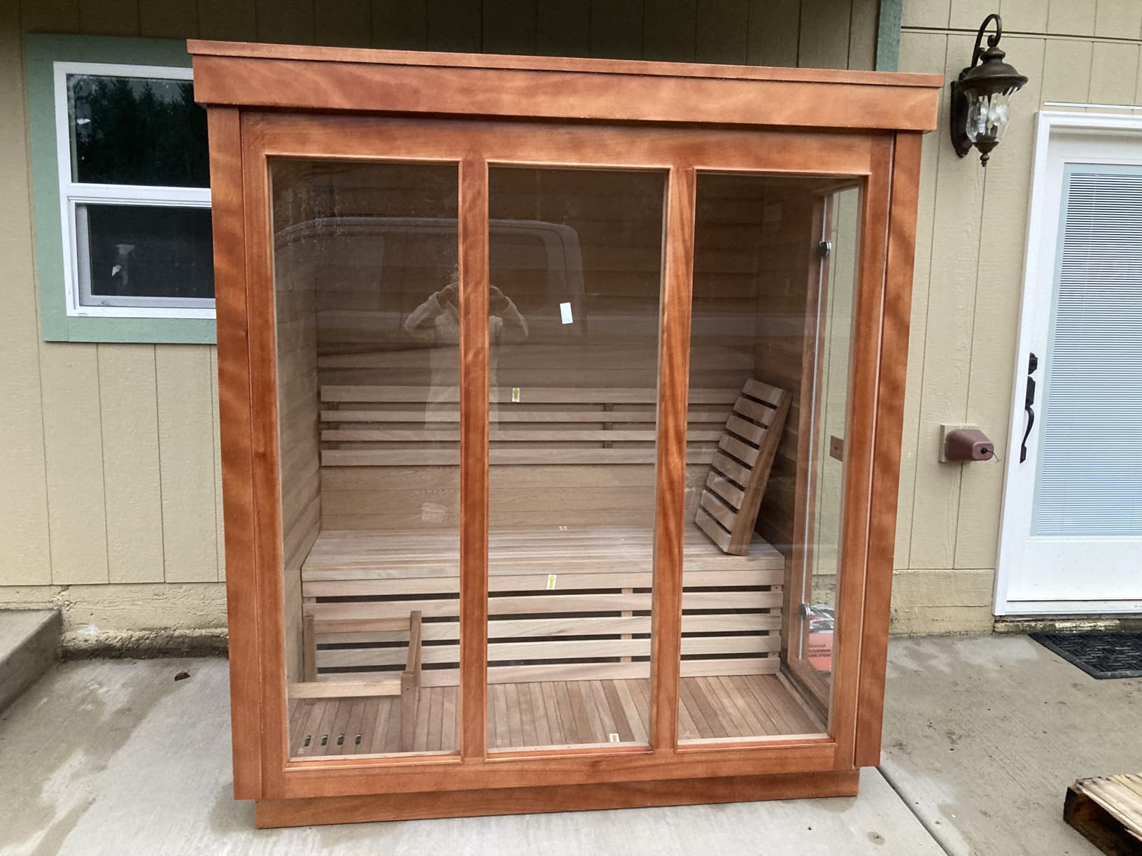 Customize Outdoor Barrel Sauna with Porch, Wood Burning Stove or Electric Stove, 4-8 Person DIY Wooden Sauna Kit customer photo 1