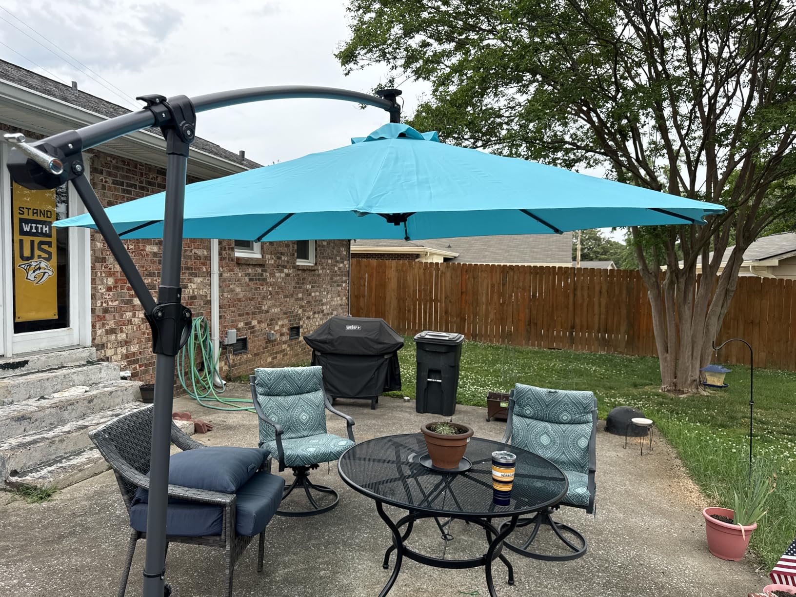 Best Choice Products 10ft Solar LED Offset Cantilever Hanging Market Patio Umbrella, Smooth 360° Rotation, 8 Sturdy Ribs, Easy Adjustment - Tan customer photo 2