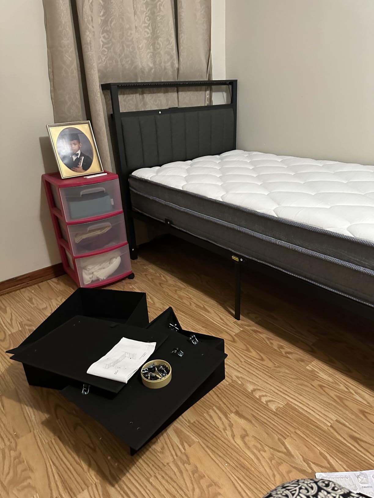 Furnulem Queen Bed Frame with Charging Station and LED Lights, Grey Upholstered Headboard with Shelves, Metal Platform Bed with 2 Under-Bed Storage (Fabric Drawer on Wheels), No Box Spring Needed customer photo 1