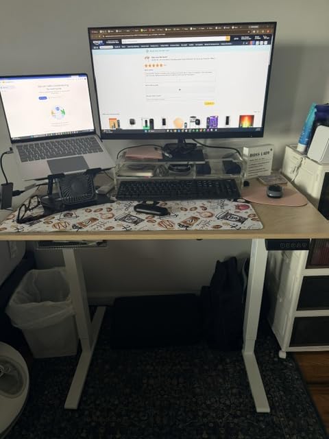 FEZIBO Standing Desk, 63x28 Inches Electric Height Adjustable, Sit Stand Up, Computer Office Desk with Splice Board, White Frame/White TOP customer photo 1