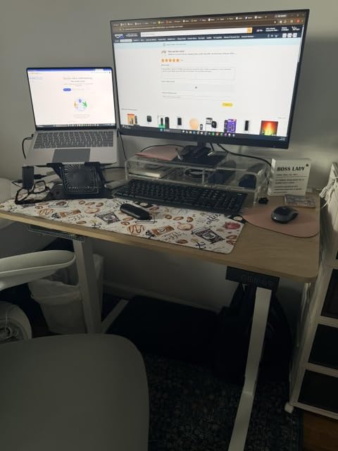 FEZIBO Standing Desk, 63x28 Inches Electric Height Adjustable, Sit Stand Up, Computer Office Desk with Splice Board, White Frame/White TOP customer photo 2
