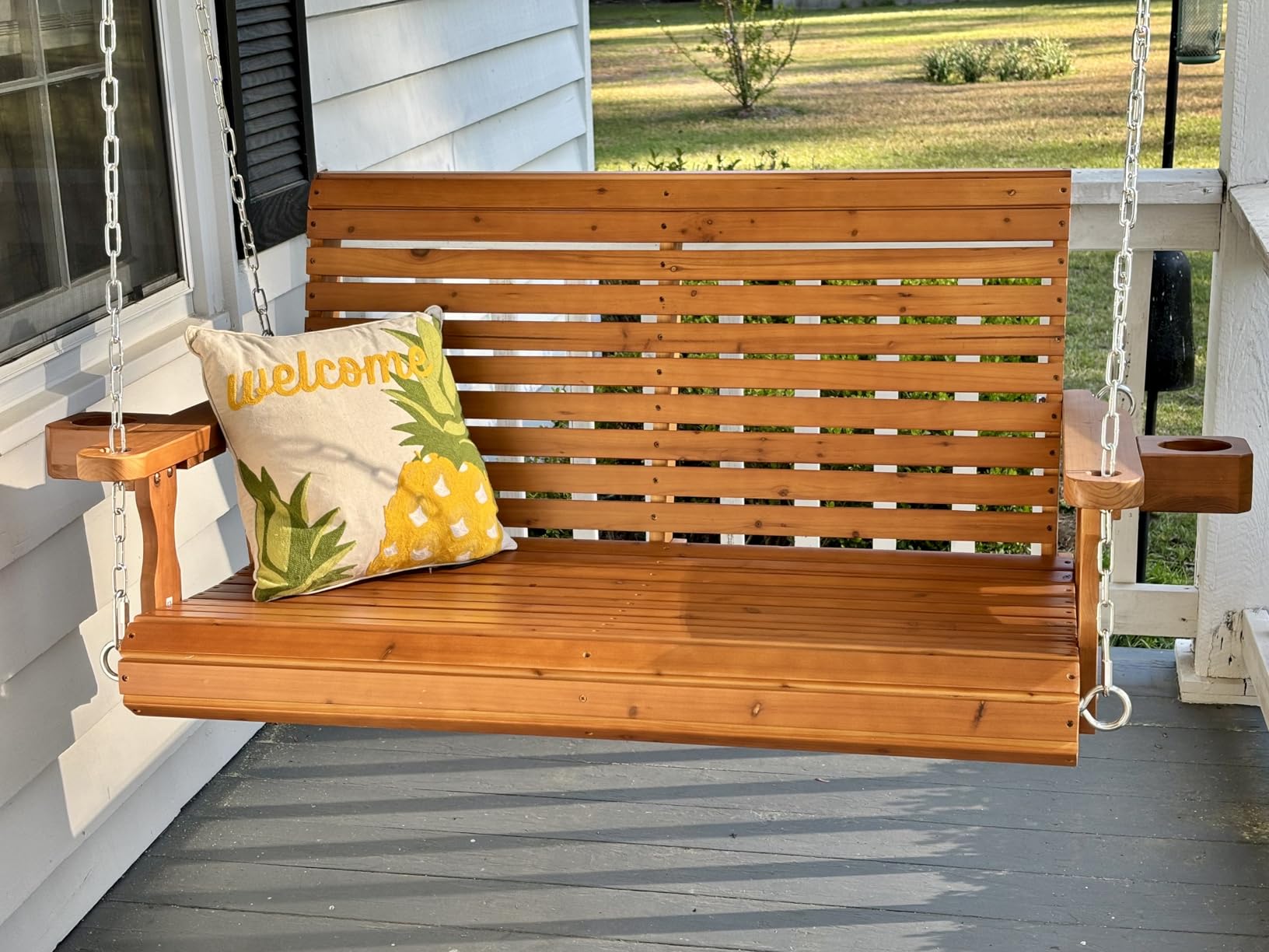 Wooden Porch Swing 3-Seater, Bench Swing with Cupholders, Hanging Chains and 7mm Springs, Heavy Duty 800 LBS, Warm Teak, 5 FT Extra Large customer photo 2