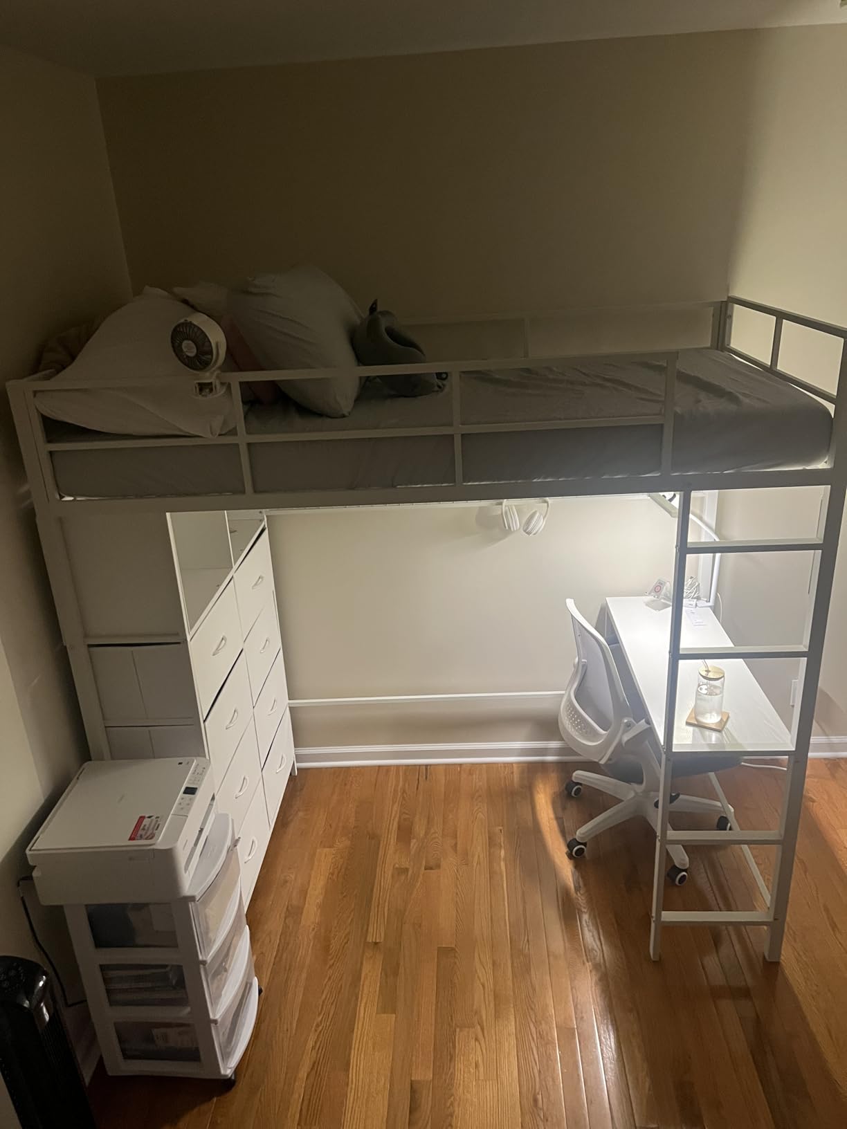 ADORNEVE Loft Bed Full Size with Desk and 8 Storage Drawers, LED Metal Loft Bed with Power Outlet, 2 Shelves & Clothing Rack, Bed with Safety Guardrail & Ladder, Space-Saving, White customer photo 2