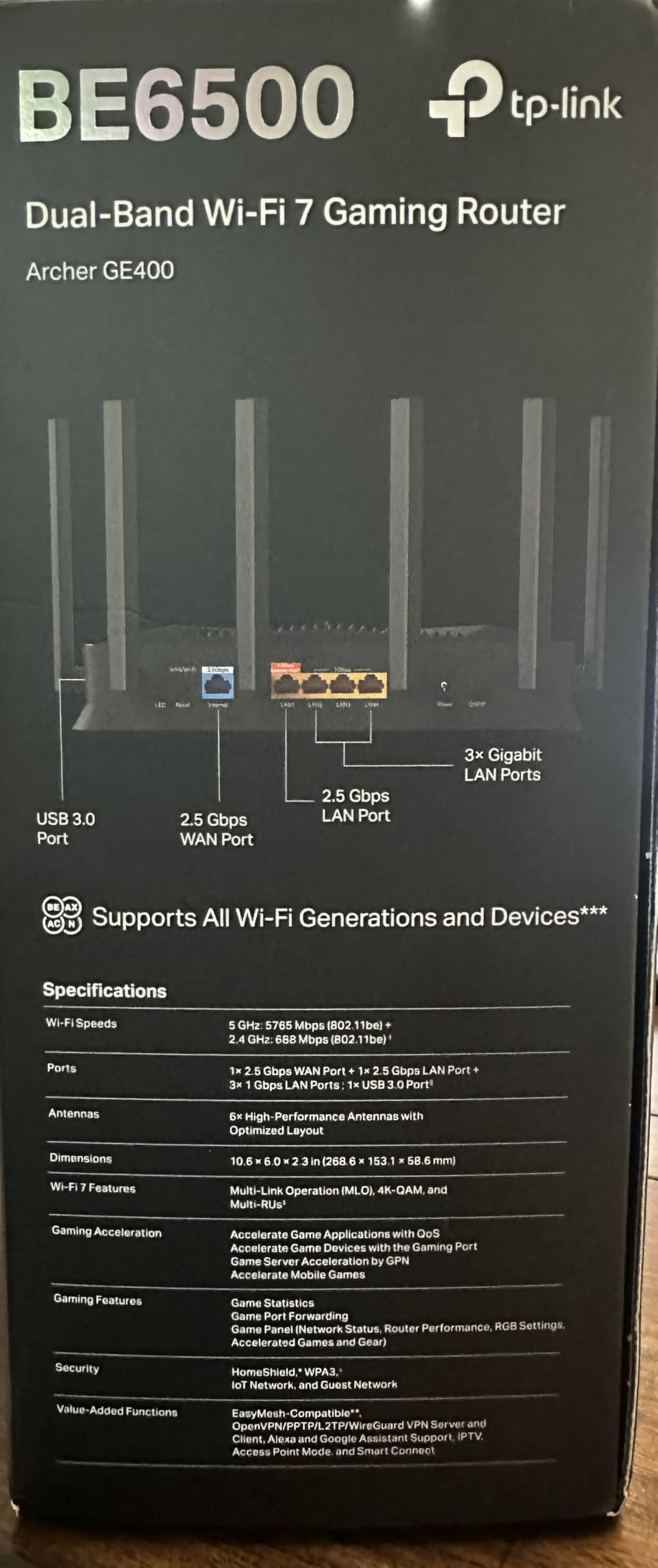 TP-Link Dual-Band BE6500 WiFi 7 Gaming Router Archer GE400 | 6-Stream 6.5 Gbps | 2 x 2.5G + 3 x 1G | Game Acceleration, Dedicated Gaming Port & Panel, RGB Lighting | Easymesh, Homeshield | No 6 GHz customer photo 2