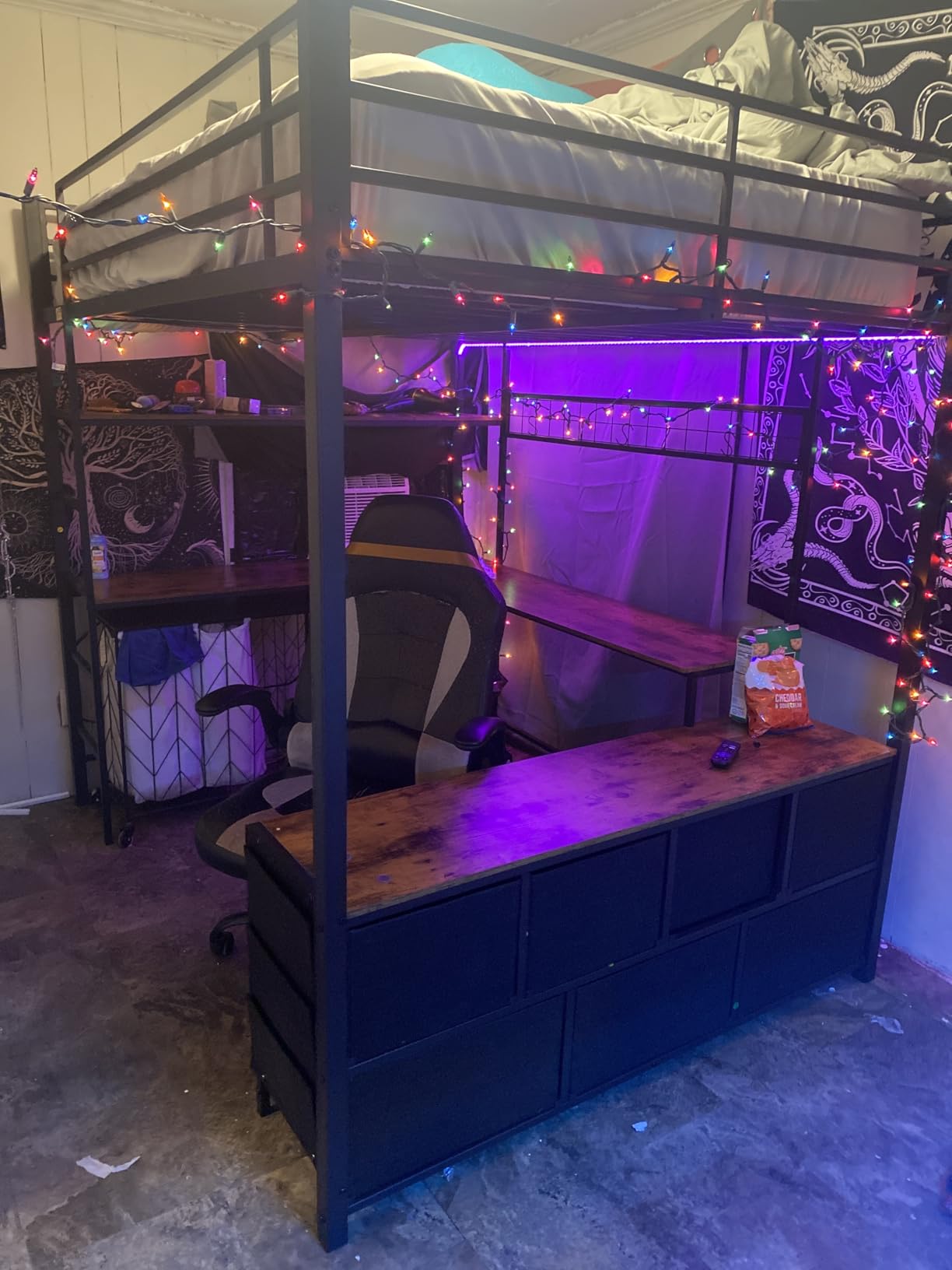 DICTAC Loft Bed Full Size with U-Shaped Desk, 7 Storage Drawers and Charging Station, Metal Full Loft Bed with LED Lights and 2-tier Storage Shelves, Loft Full Bed with Safety Guardrail and Ladders, White customer photo 1