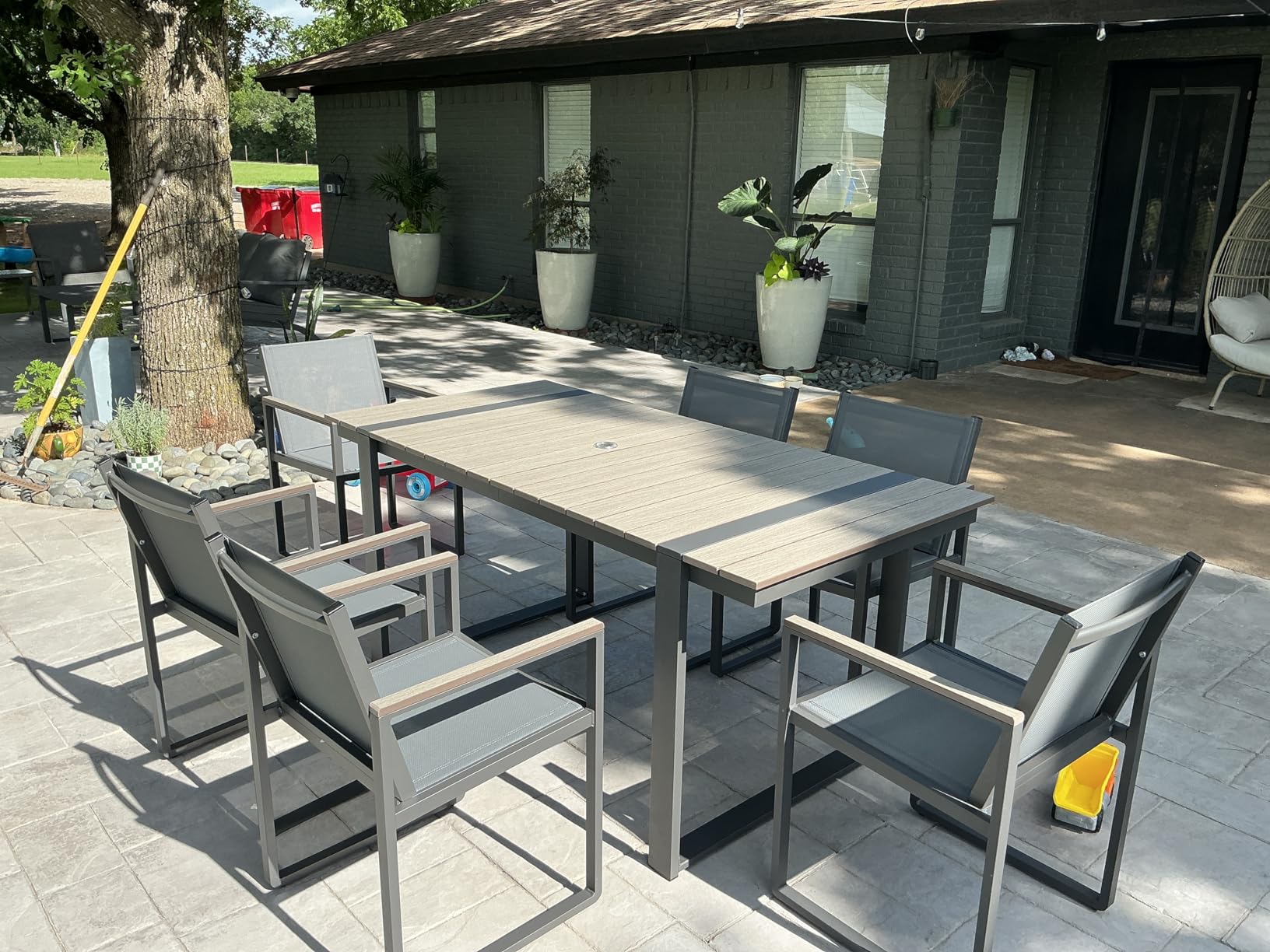 Outdoor Dining Set, HDPS + Aluminum Patio Table and Chairs Set with U-Shaped Base, 7 Piece Outdoor Furniture Set with Umbrella Hole, Patio Dining Table Set for Garden, Backyard (Gray-Teak) customer photo 1