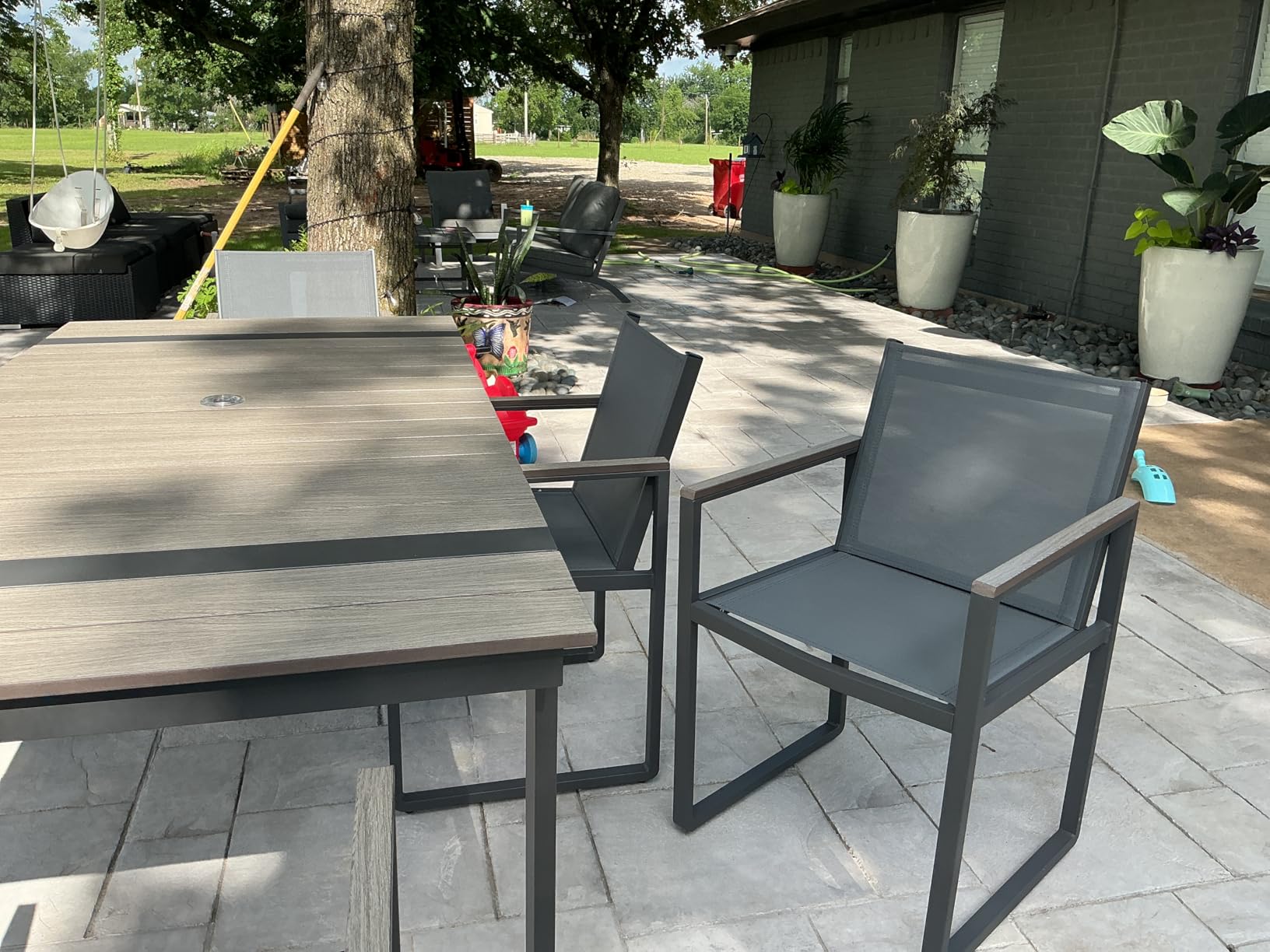 Outdoor Dining Set, HDPS + Aluminum Patio Table and Chairs Set with U-Shaped Base, 7 Piece Outdoor Furniture Set with Umbrella Hole, Patio Dining Table Set for Garden, Backyard (Gray-Teak) customer photo 2