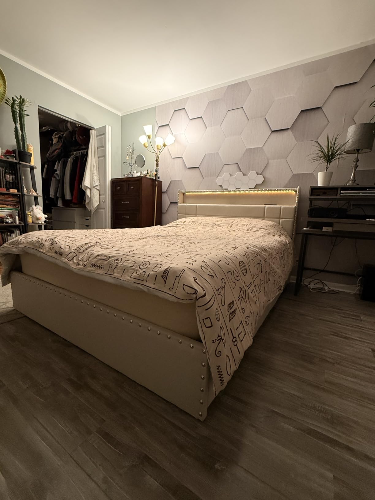 Forestell Queen Bed Frame with 4 Drawers and Storage Headboard, Upholstered Platform Bed Frame Queen Size with LED Lights and Charging Station, Metal Slats Support, No Box Spring Needed, Beige customer photo 2