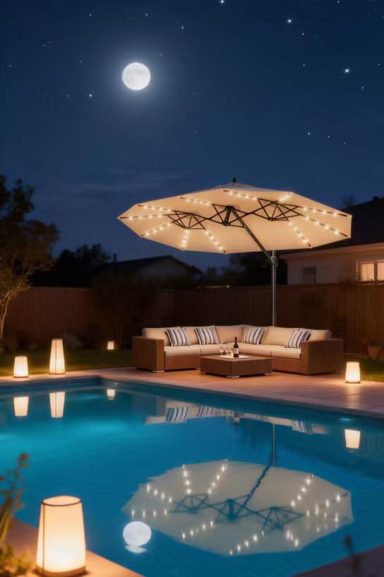 HOMSHADE 15FT Cantilever Double-Sided Umbrella with Solar Light and Base, Rectangle Oversized Offset Patio Umbrellas, Extra Large Outdoor Umbrella for Pool, Deck, Garden (Beige) customer photo 1