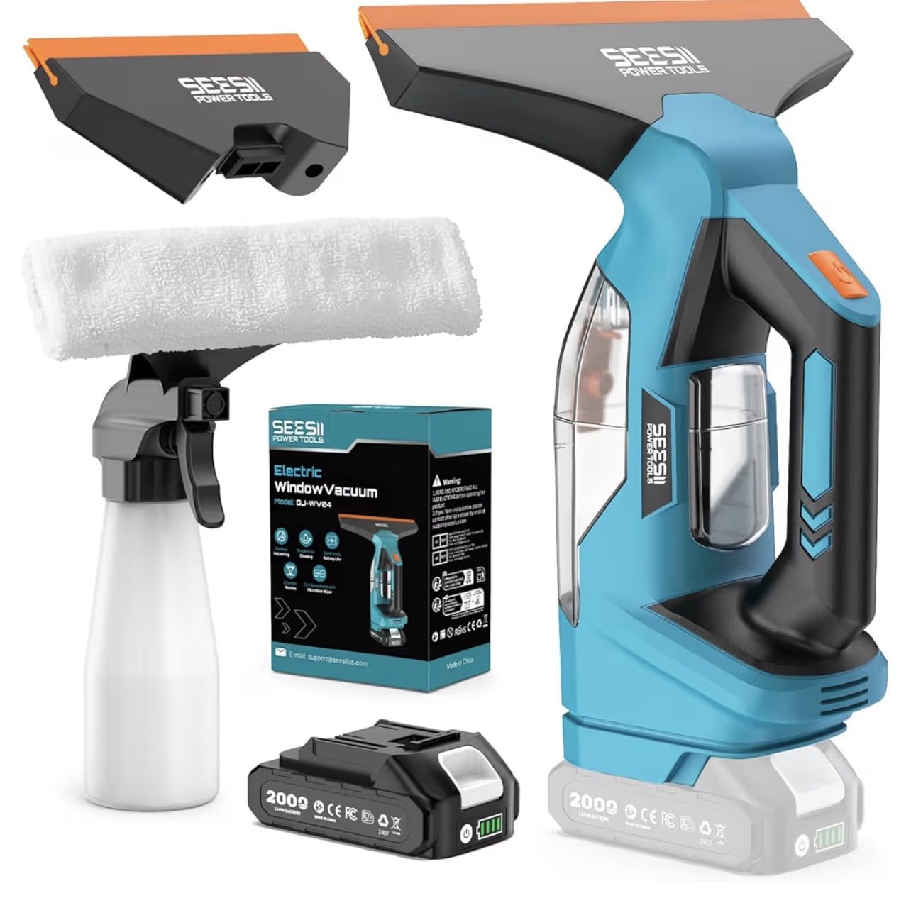 SEESII Cordless Window Vacuum Squeegee, 2000Pa Electric Window Squeegee, 120Mins Battery Life with 11
