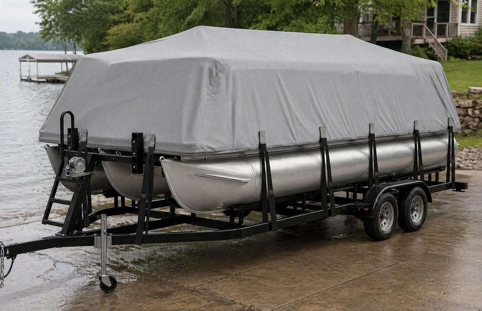 Pontoon Boat Cover 22-24 ft, 1200D Heavy Duty Waterproof Pontoon Cover with 16 Windproof Straps, Elastic Hem & Motor Cover, Fits 22 ft 23 ft 24 ft Pontoon Boats Up to 8.5 ft Beam, Gray customer photo 1