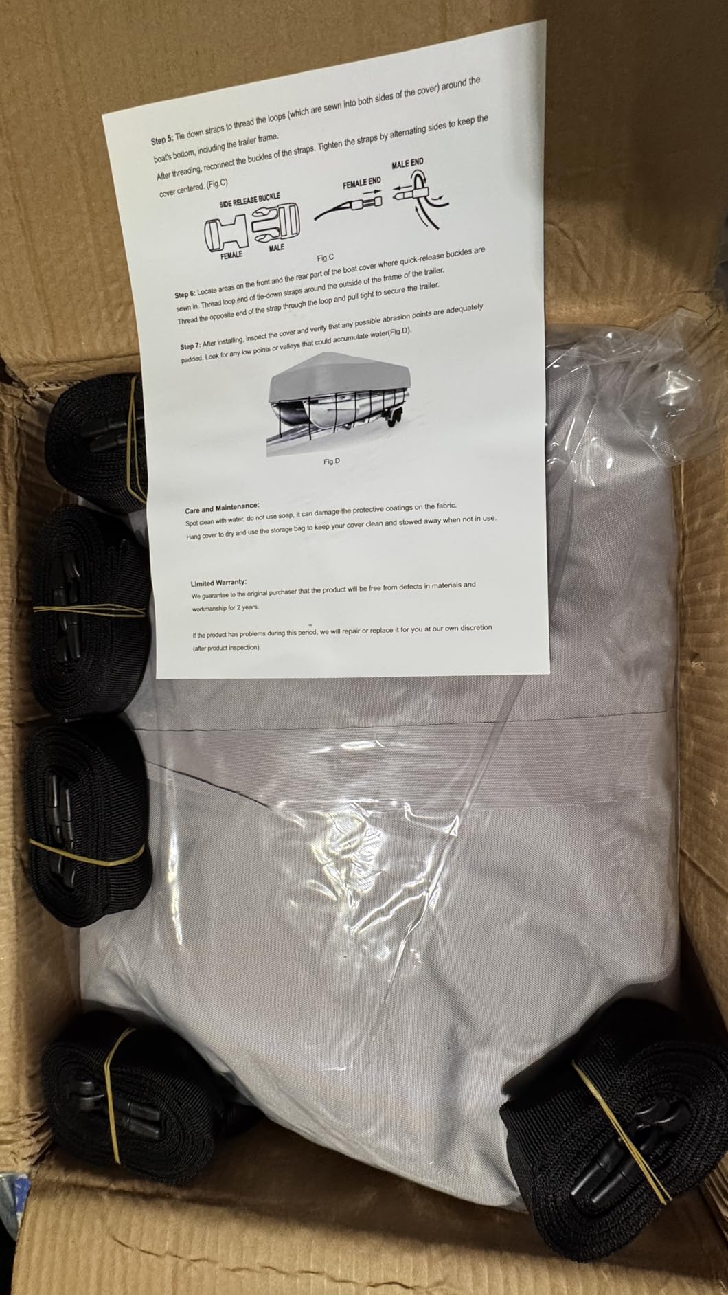 Pontoon Boat Cover 22-24 ft, 1200D Heavy Duty Waterproof Pontoon Cover with 16 Windproof Straps, Elastic Hem & Motor Cover, Fits 22 ft 23 ft 24 ft Pontoon Boats Up to 8.5 ft Beam, Gray customer photo 2