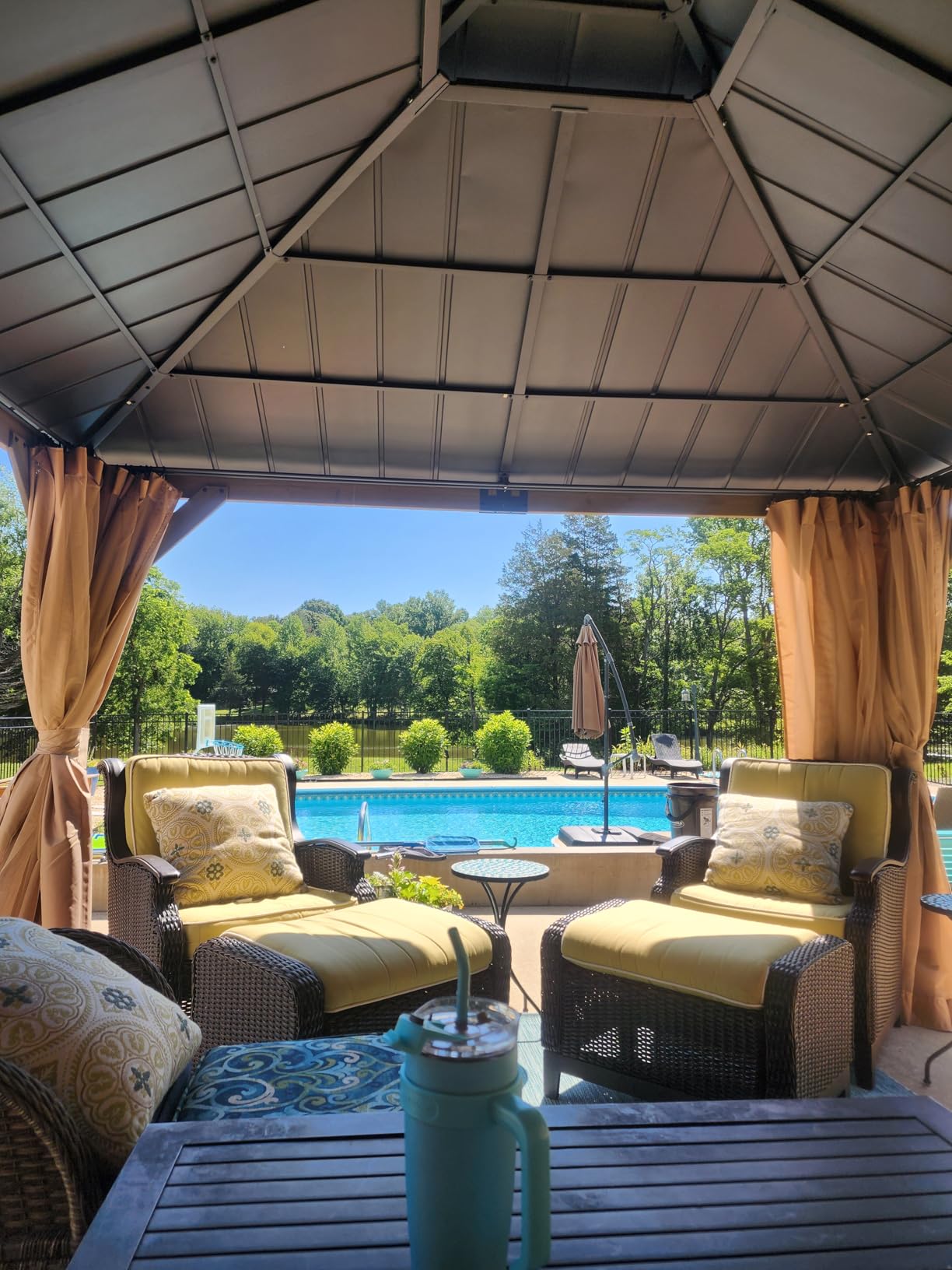 AMERLIFE 12' x 16' Heavy Duty Hardtop Gazebo with Double Metal Roof, Wood Gazebo with Privacy Curtains & Mosquito Netting, Outdoor Pavilion for Backyard, Garden & Patio, Brown customer photo 1