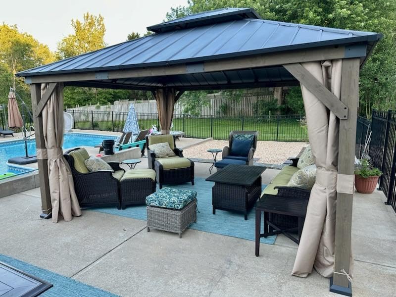 AMERLIFE 12' x 16' Heavy Duty Hardtop Gazebo with Double Metal Roof, Wood Gazebo with Privacy Curtains & Mosquito Netting, Outdoor Pavilion for Backyard, Garden & Patio, Brown customer photo 2