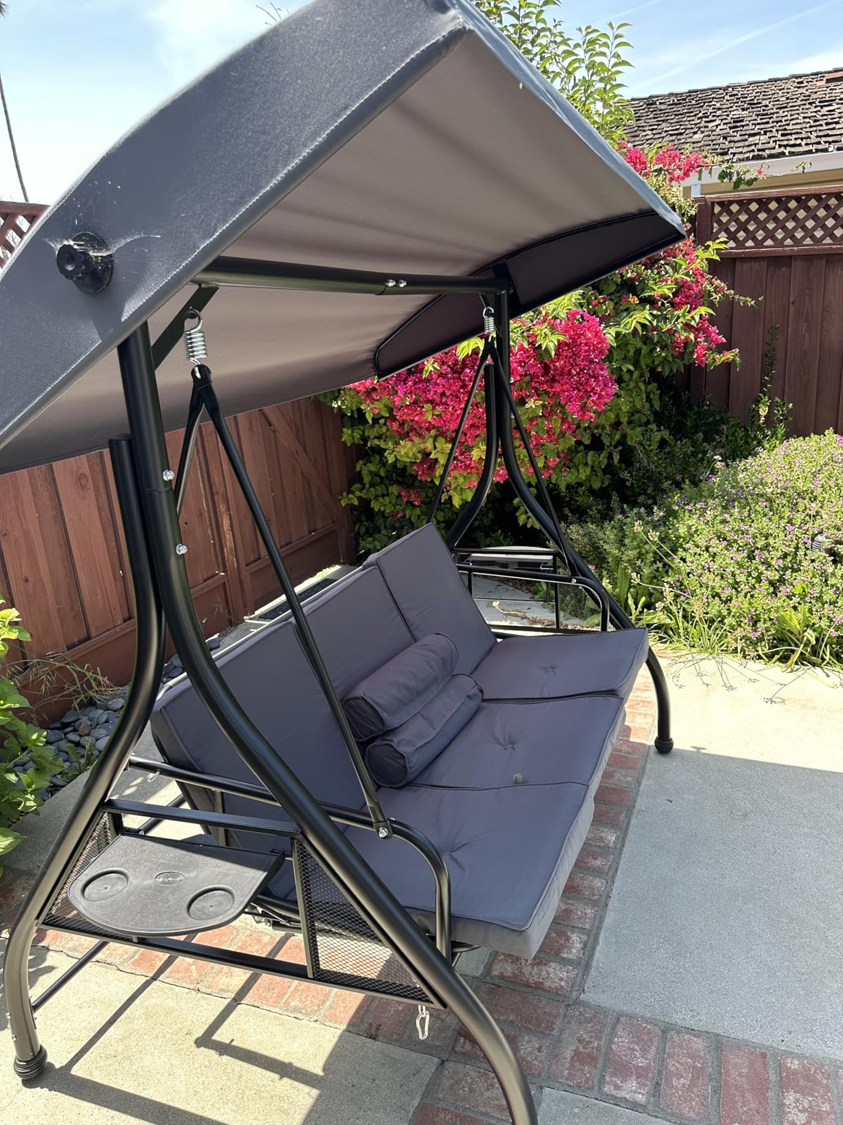 Aoxun Outdoor Porch Swing with Stand and Canopy, 3 Seats, Convertible 2 in 1 Swing Bed with Cup Holder, Blue customer photo 1
