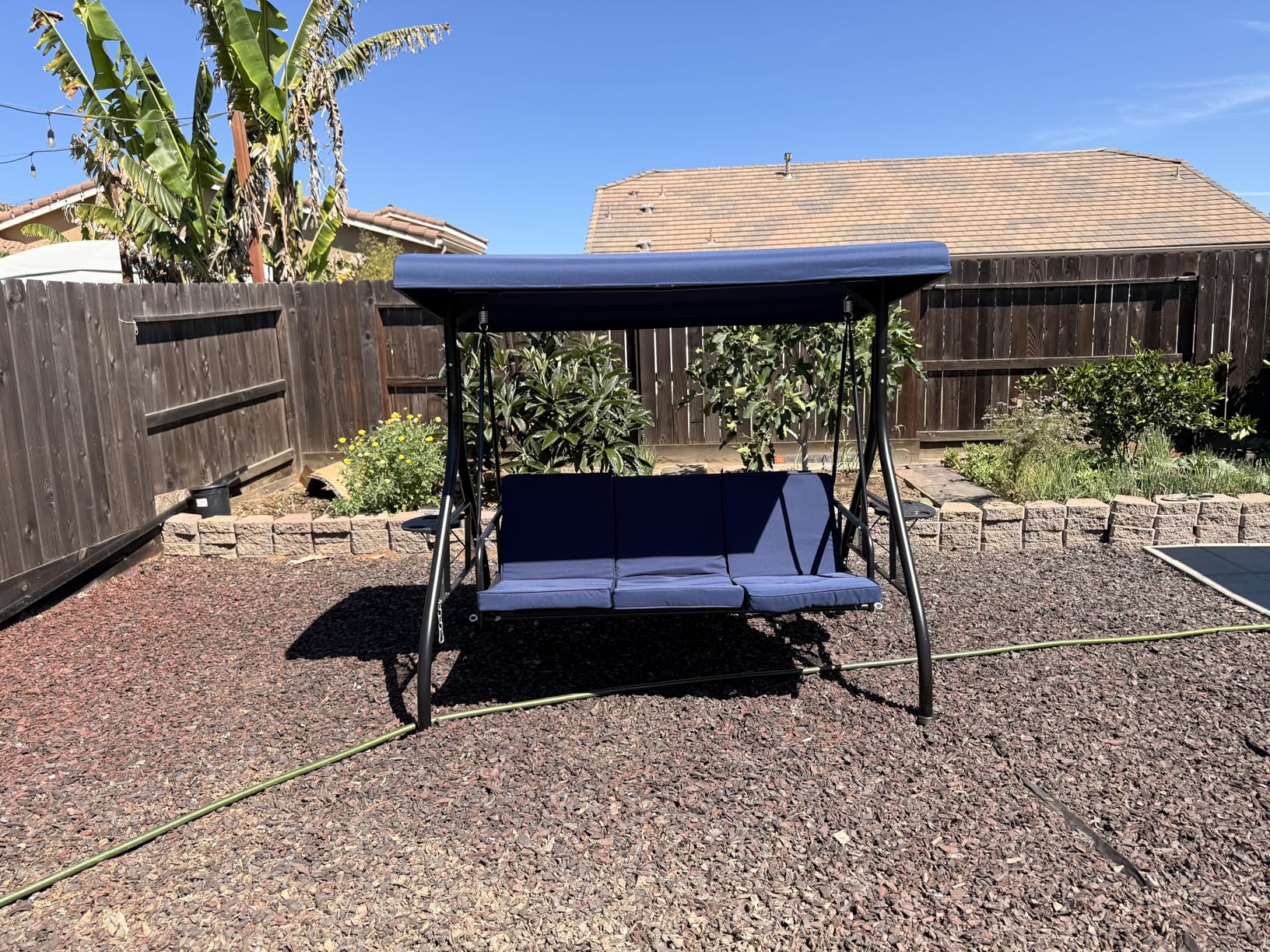 Aoxun Outdoor Porch Swing with Stand and Canopy, 3 Seats, Convertible 2 in 1 Swing Bed with Cup Holder, Blue customer photo 2
