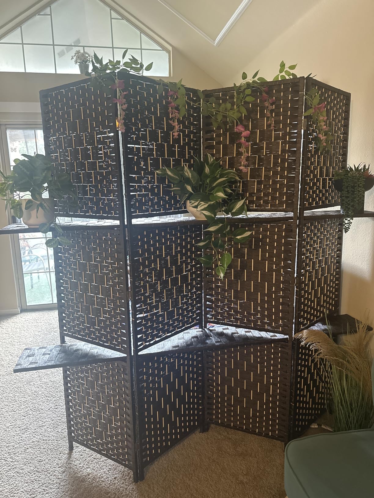 FDW Room Divider 4 Panel Room Screen Divider Wooden Screen Folding Portable Partition Screens Wood with Removable Storage Shelves, Brown customer photo 1