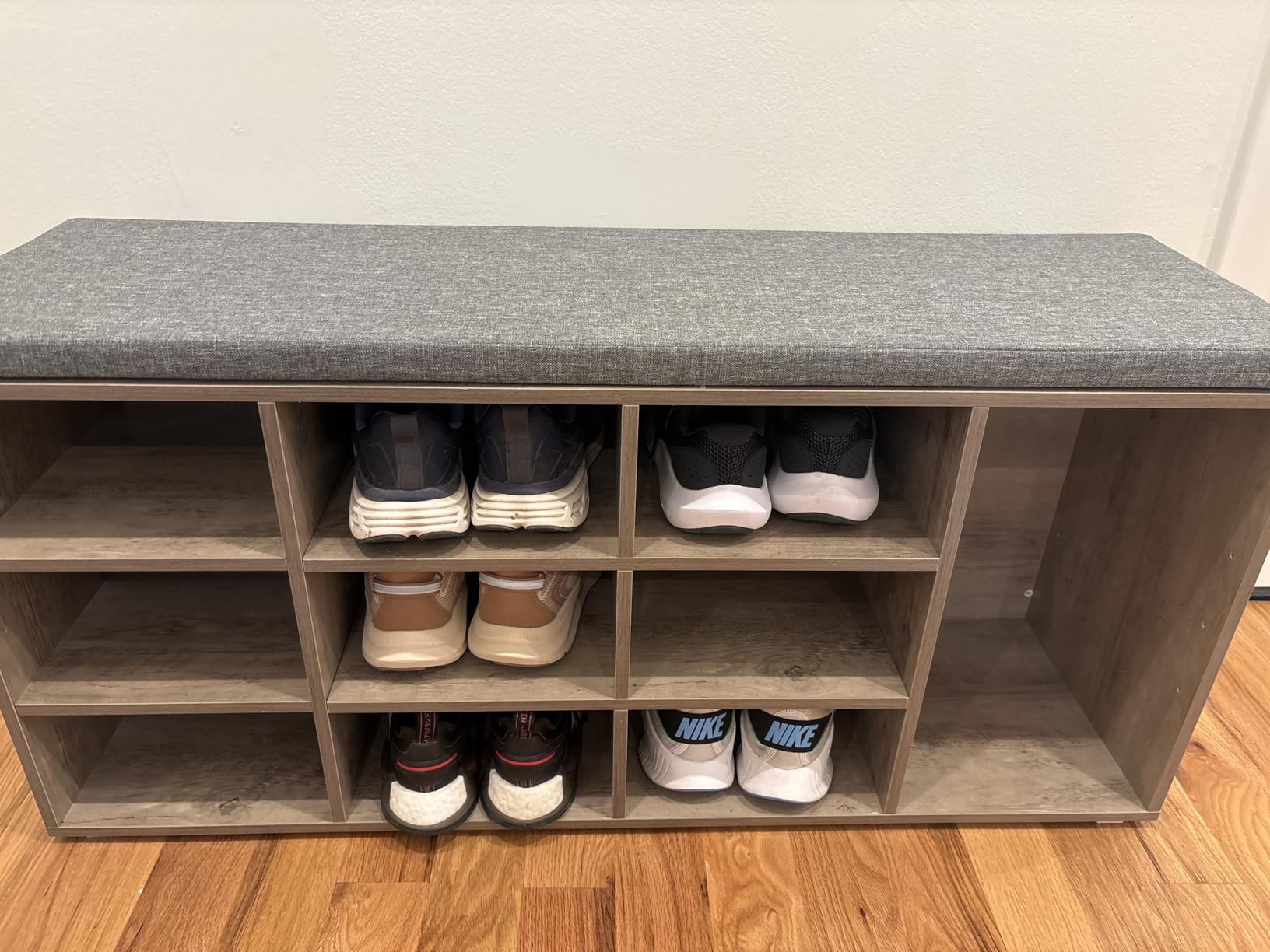 DINZI LVJ Shoe Storage Bench with Cushion, Cubby Shoe Rack with 12 Cubbies, Adjustable Shelves, Multifunctional Shoe Organizer Bench for Entryway, Mudroom, Hallway, Closet and Garage, White customer photo 2