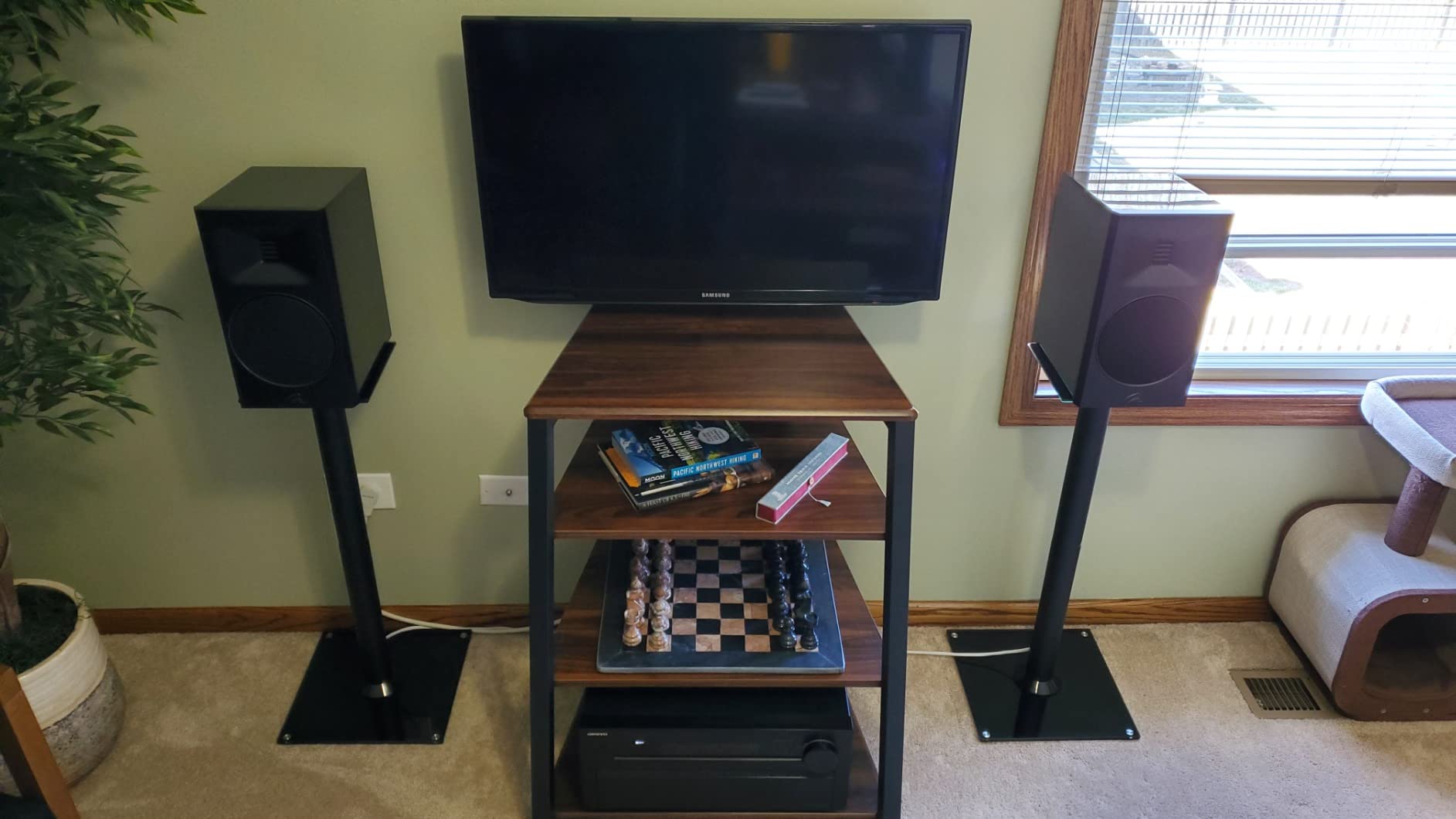 FITUEYES 4-Tier AV Media Stand Corner Shelf for Record Player Wooden Stereo Cabinet Audio Rack Tower with Height Adjustable Wooden Shelves for PS4, Walnut customer photo 2