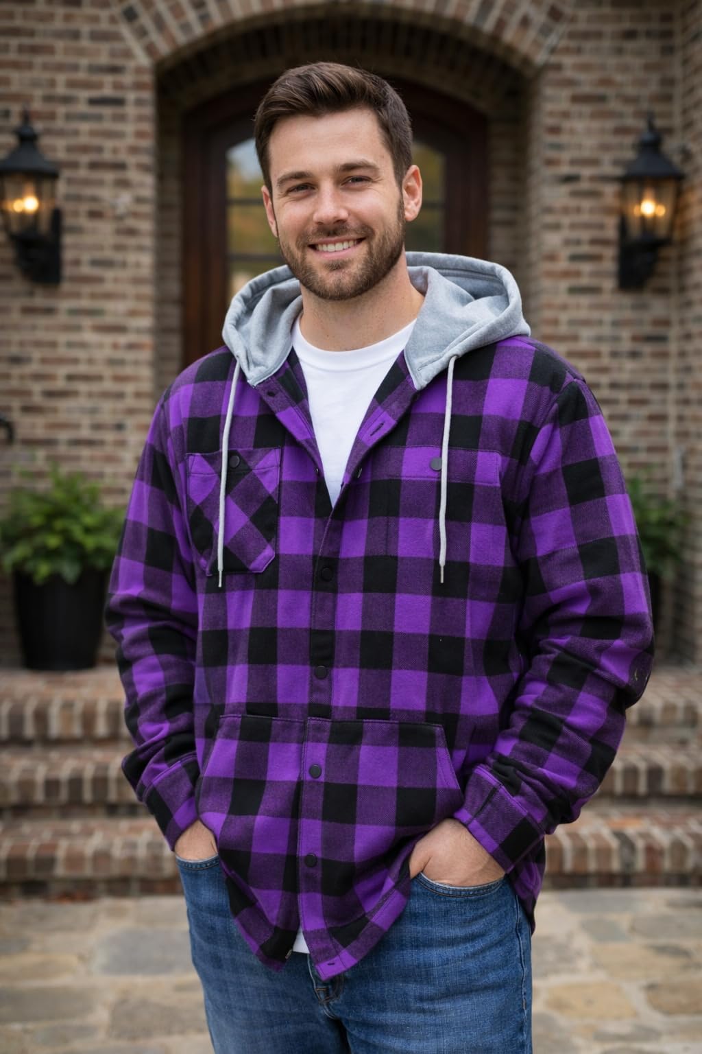 Men's Flannel Hoodie Shirts Casual Button Down Plaid Shirt Jackets for Men Long Sleeve Stylish Hooded with Pocket customer photo 1