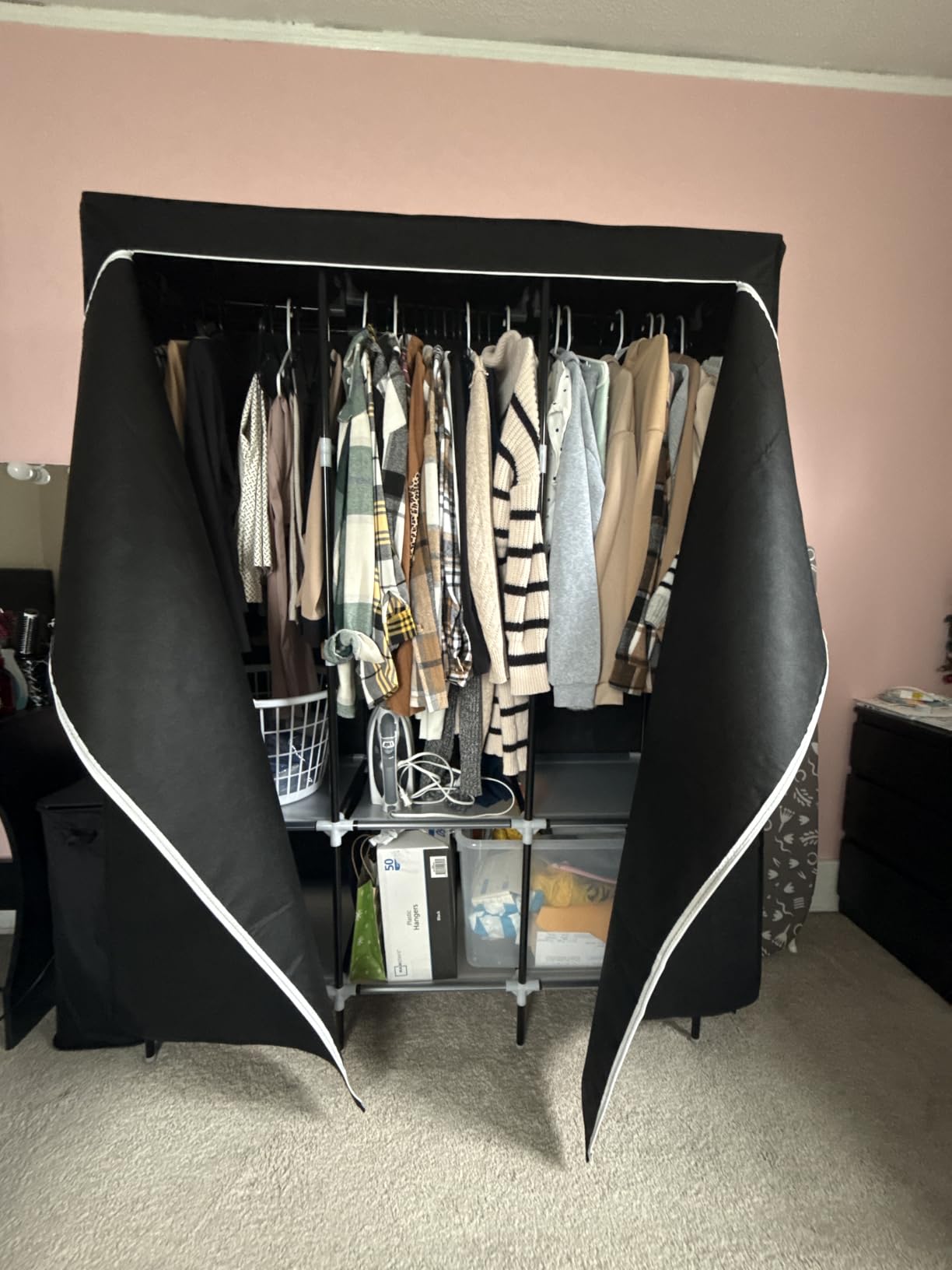 LOKEME Wardrobe Closet, Portable Closet for Bedroom Steel Pipe Diameter 19mm Strong and Sturdy Black Portable Closets for Hanging Clothes with 3 Hanging rods, 6 Storage Shelves and Side Pockets customer photo 1