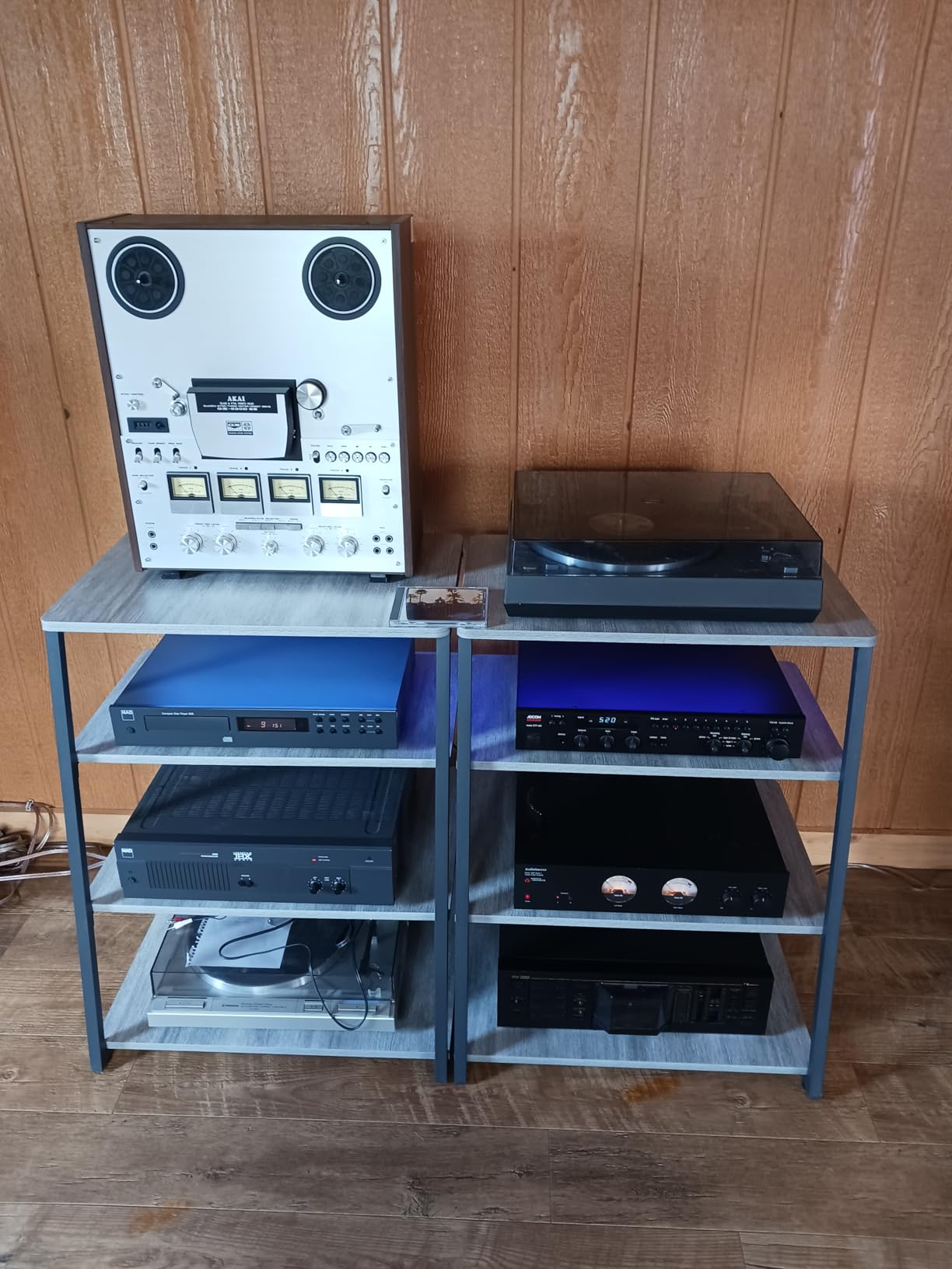 Besiost AV Media Stand with Outlets, Media Console with LED Lights, Stereo Racks and Stands with Storage Shelves, Media Audio Tower Cabinet, Black Ebony customer photo 1