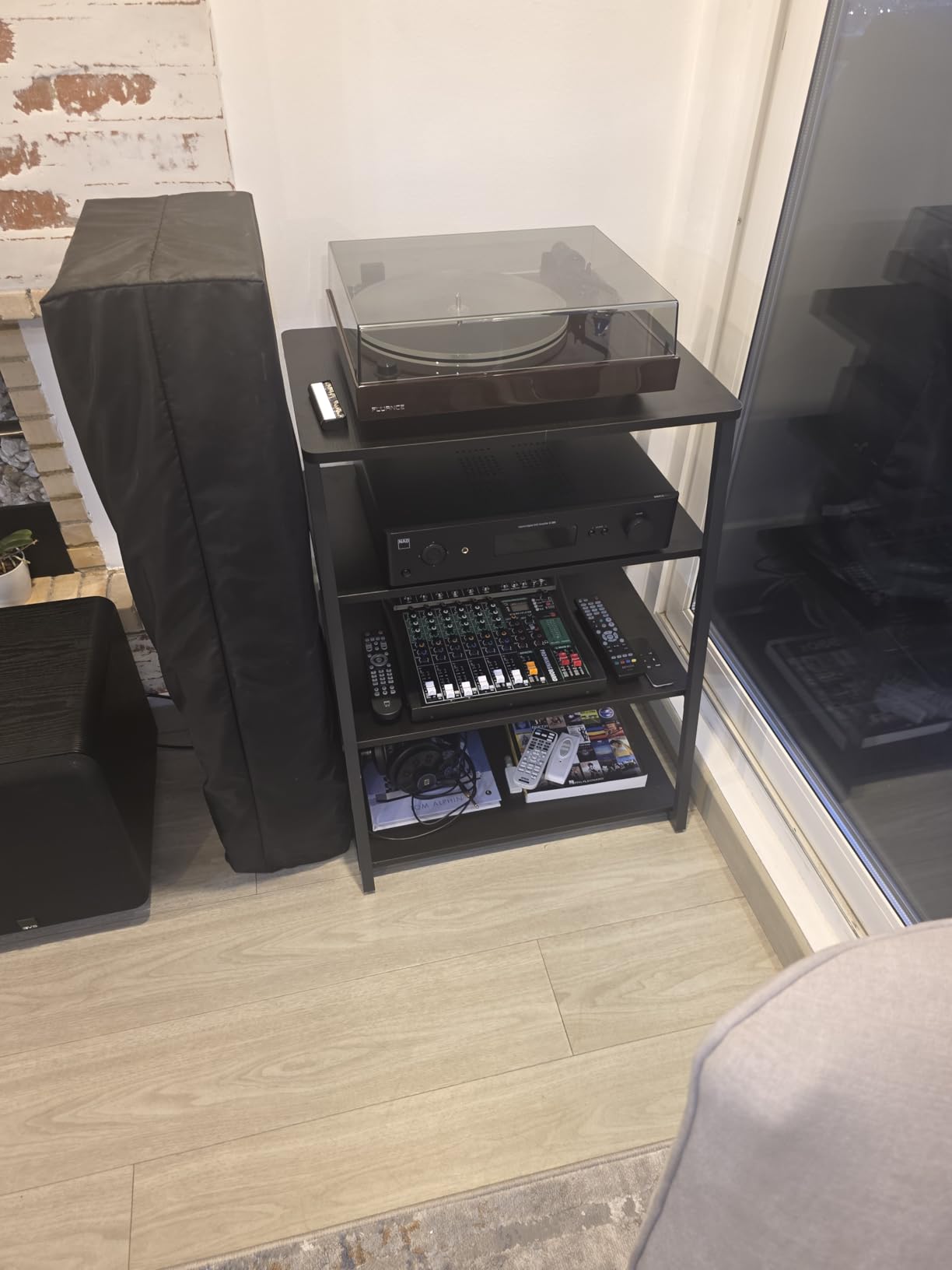 Besiost AV Media Stand with Outlets, Media Console with LED Lights, Stereo Racks and Stands with Storage Shelves, Media Audio Tower Cabinet, Black Ebony customer photo 2