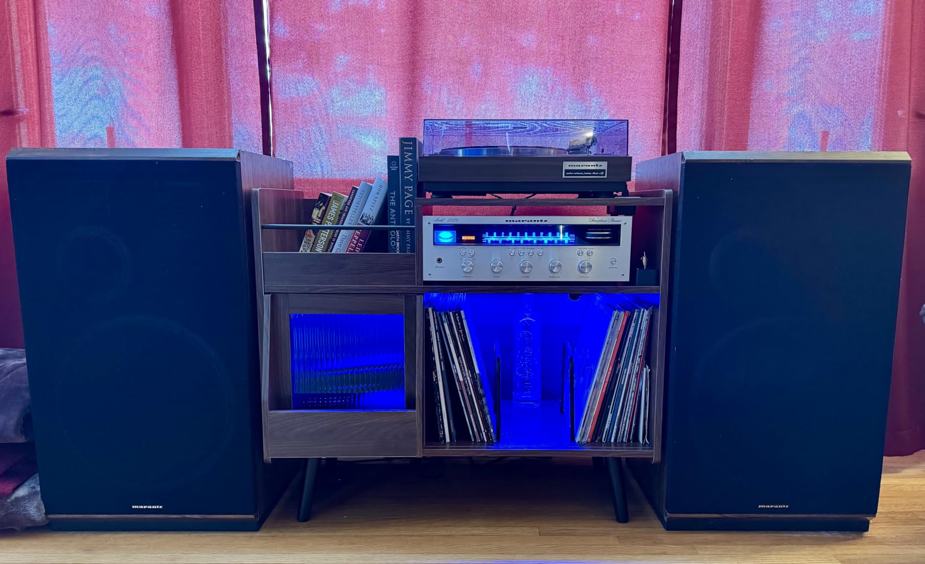 MULEJYBO Large Record Player Stand with Sliding Door, 350 Vinyl Record Storage Cabinet, Record Player Table with Power Outlet and LED Light, Turntable Stand with Wood Legs for Living Room, Office customer photo 1