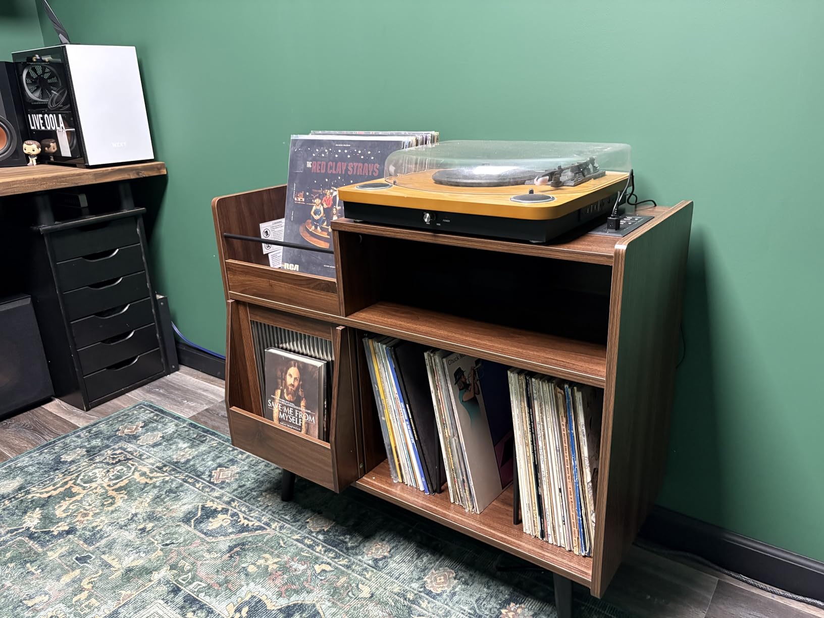 MULEJYBO Large Record Player Stand with Sliding Door, 350 Vinyl Record Storage Cabinet, Record Player Table with Power Outlet and LED Light, Turntable Stand with Wood Legs for Living Room, Office customer photo 2