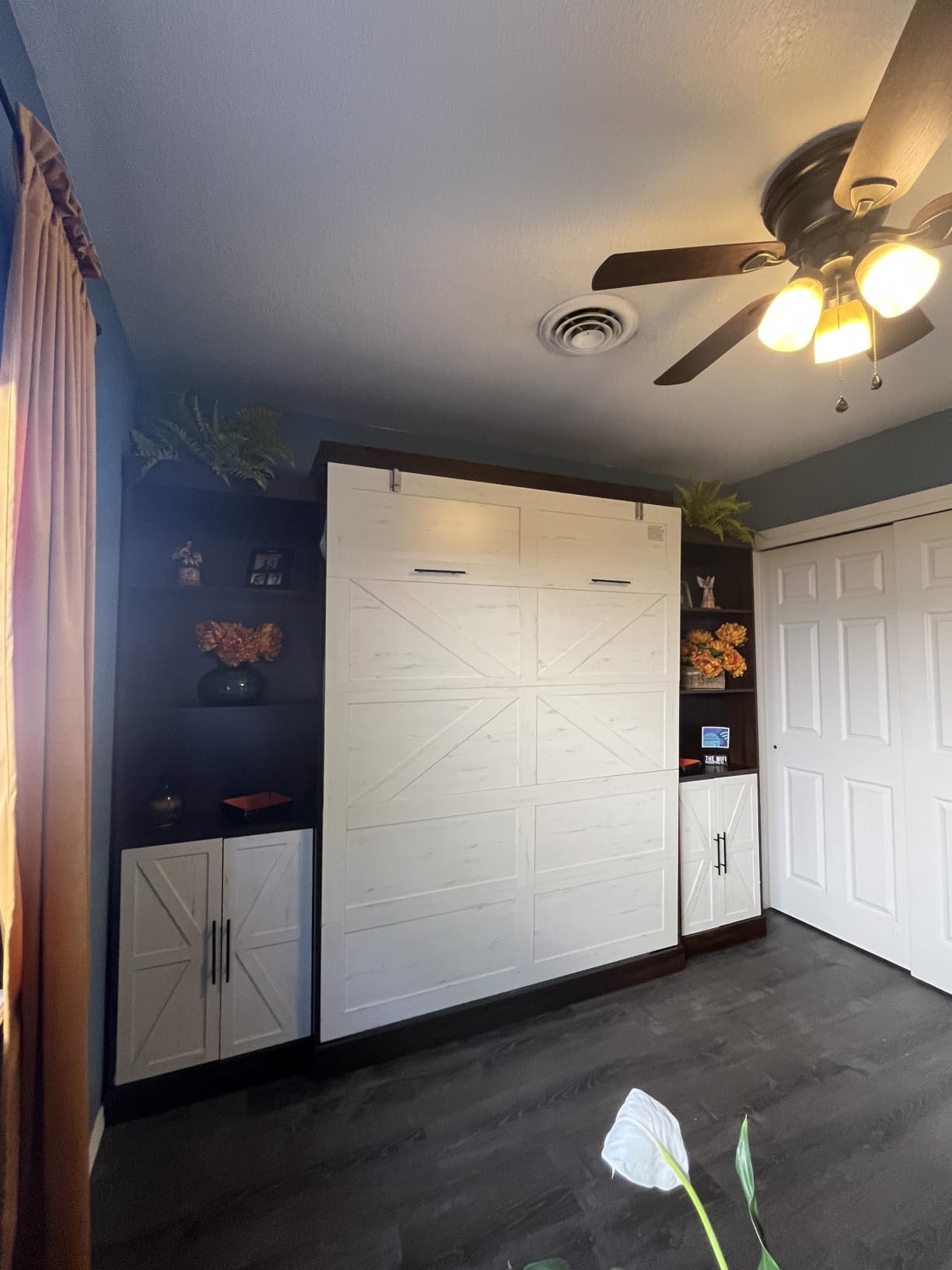 Hlivelood Queen Size Murphy Bed with 2 LED Lights, Farmhouse Wood Hidden Foldable Wall Bed Frame w/Gas Struts, Rustic White customer photo 2