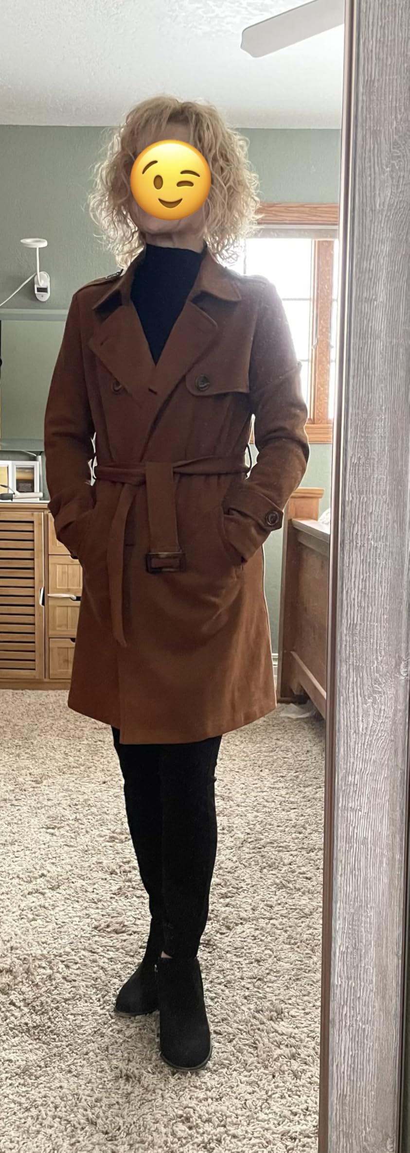 Women's Faux Suede Trench Coat Notched Lapel Double Breasted Jacket with Belt customer photo 1