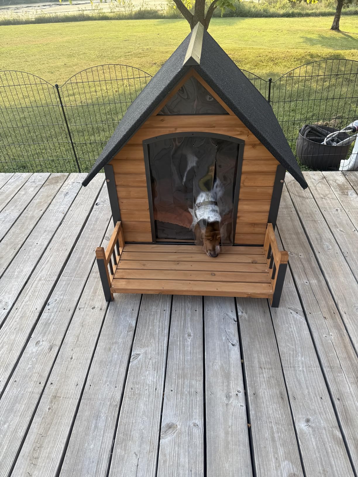 Heated Dog House Outdoor Insulated Weatherproof Dog Kennel with Anti-bite Iron Frame, Heating Pad and Insulated Liner, Dog Shelter with Porch and Sliding Window for Small to Large Breeds (Light Brown) customer photo 1