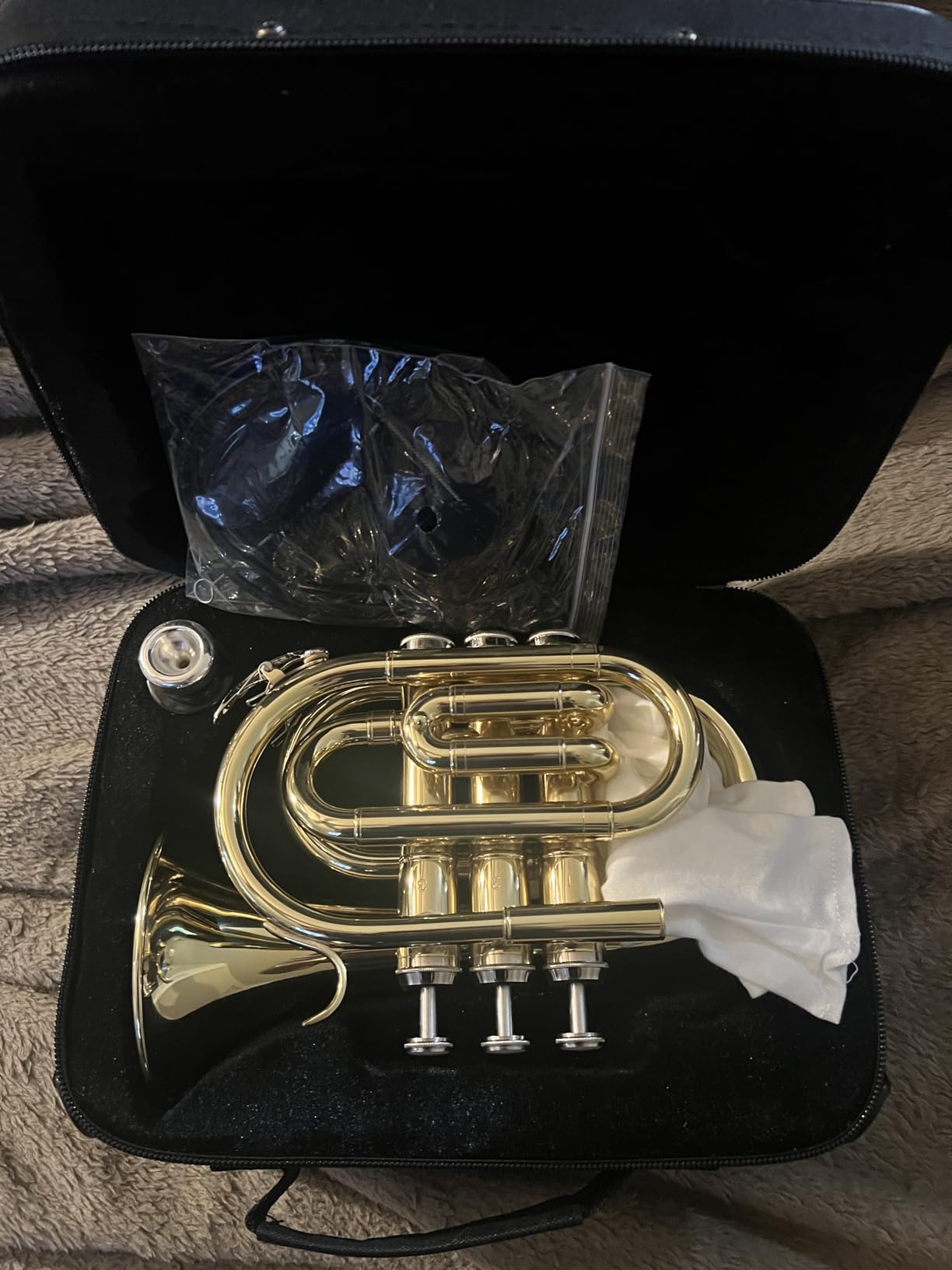 SONICAKE Pocket Trumpet Bb Flat - Gold Lacquer Brass Mini Trumpet Full Kit for Beginners Students with 7C Mouthpiece, Hard Case, Gloves & Cleaning Kit QPT-01 customer photo 2