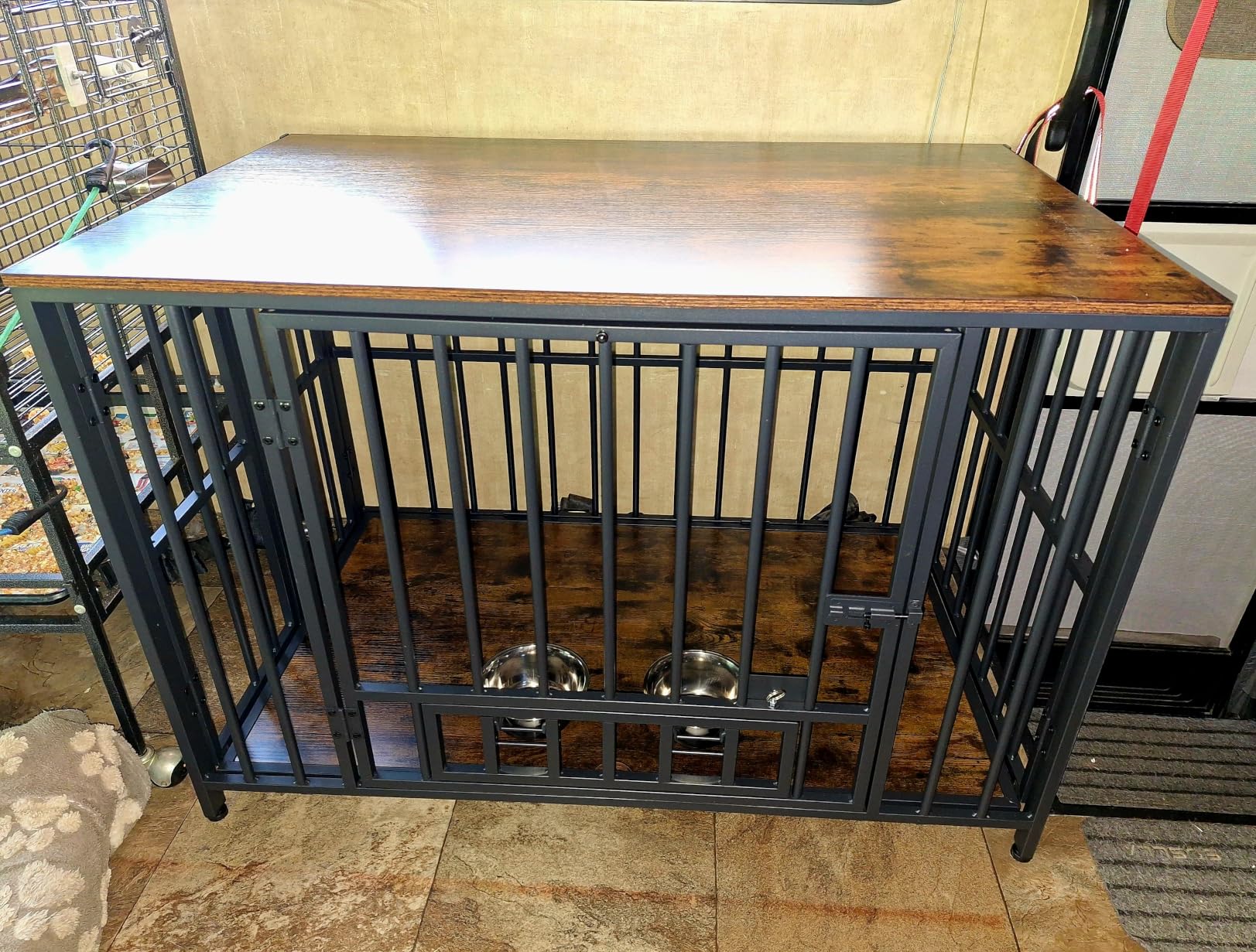 Easycom Dog Crate Furniture Foldable, No Assembly Decorative Dog Kennel Indoor, Dog Crates for Large Dogs(35-60 lb), Wooden Dog Cage with Adjustable Bowls and Name Tag, End Table, Rustic Brown customer photo 1