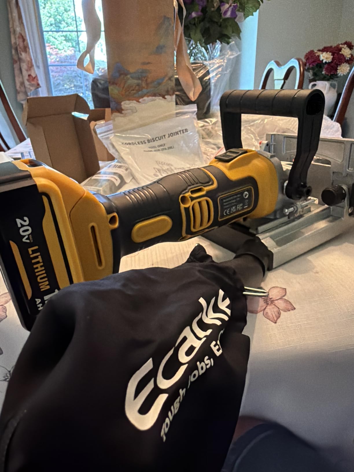 Ecarke Cordless Biscuit Joiner Tool Compatible with Dewalt 20V Battery, Precision Plate Joiner for Woodworking, Cabinetry & Furniture Making, 0-90° Cutting, 6 Depth Settings, 80 wafers, Tool Only customer photo 1
